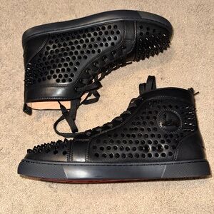 Authentic Christian Louboutin High Top Black and Red Studded Sneakers EU46